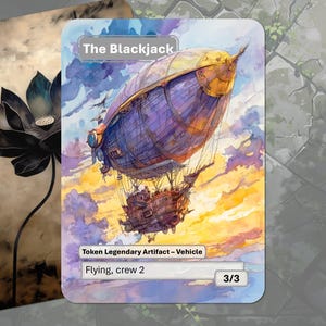 Puede incluir: Una carta de arte fantástico que presenta una aeronave púrpura y dorada llamada "The Blackjack" surcando un cielo colorido. La carta está etiquetada como "Token Legendary Artifact - Vehicle" con "Flying, crew 2" y 3/3.