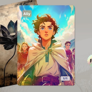Op de afbeelding: Een fantasy-verzamelkaart met een jonge man met bruin haar en een witte cape, met het label "Ally". De kaart heeft een folie-afwerking en een aanduiding van 1/1. De achtergrond toont een blauwe lucht en andere figuren.