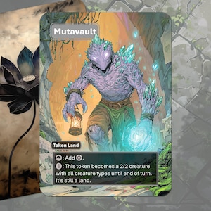 May include: A Magic: The Gathering card featuring a purple, crystal-covered creature holding a lantern and a glowing orb. The card is labeled "Mutavault" and includes game text. A second card with a black lotus flower is in the background.