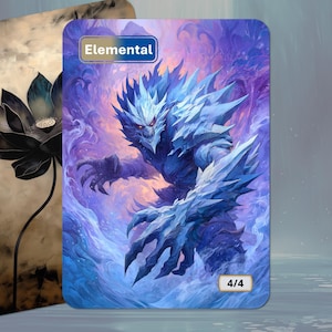 Op de afbeelding: Twee fantasy art kaarten. Eén toont een zwarte lotusbloem op een beige achtergrond. De andere kaart heeft een blauwe en paarse illustratie van een stekelige elementale creatuur met het woord "Elemental" bovenaan en "4/4" onderaan.