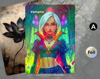 May include: A vibrant illustration of a female vampire with white hair, wearing a black top with a red collar and a pendant. The card is labeled "Vampire" and "1/1". A holographic "Foil" sticker is visible.