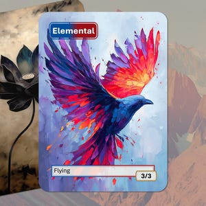 Op de afbeelding: Een fantasiekaart met een levendige illustratie van een vogel in vlucht. De vogel heeft blauwe, paarse en rode vleugels. Het woord "Elemental" staat bovenaan en "Flying" onderaan, met het nummer "3/3" weergegeven.