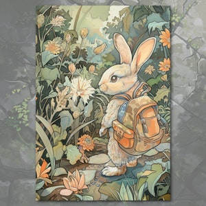 Curious Bunny Adventure Illustratie ansichtkaart / kunstafdruk