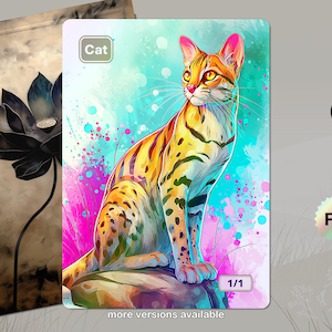 May include: A vibrant illustration of a cat with orange and yellow stripes, set against a colourful background of pink, blue, and green. The word "Cat" is in a white box. The image has a "Foil" label and the text "more versions available".