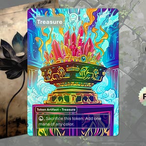May include: A vibrant fantasy art card featuring a treasure chest overflowing with crystals. The card has a foil finish and the word "Treasure" at the top. The card also has the text "Token Artifact - Treasure".