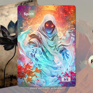 Pode incluir: Um cartão de arte fantástica com uma figura vestida com uma túnica e olhos vermelhos brilhantes, rodeada por energia etérea azul e branca. O cartão é rotulado "Spirit" e "Foil", com um indicador de poder/resistência 3/2. O fundo mostra uma paisagem montanhosa.