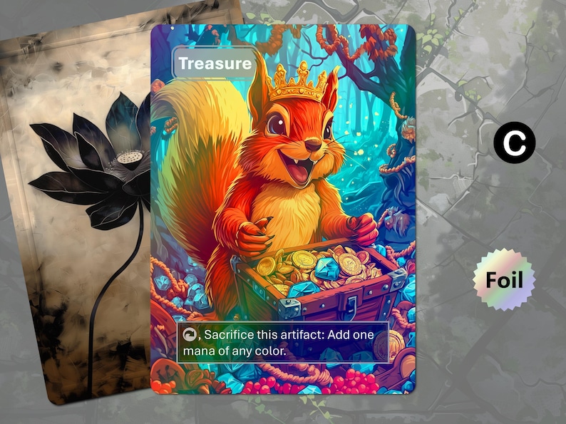 May include: A vibrant fantasy card featuring a smiling squirrel wearing a crown, guarding a treasure chest filled with gold coins and gems. The card is labeled "Treasure" and has the text "Sacrifice this artifact: Add one mana of any color."