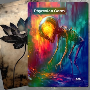 May include: A colorful, abstract painting of a skeletal figure with a glowing head. The figure is standing in a pool of water with a rainbow-colored background. The text "Phyrexian Germ" is at the top of the card. The card is labeled "Foil" in the bottom right corner.
