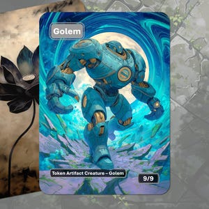 May include: A fantasy art card featuring a blue and gold mechanical Golem. The card has the word "Golem" at the top and "Token Artifact Creature - Golem" at the bottom. The Golem is depicted in a dynamic pose against a swirling blue background.