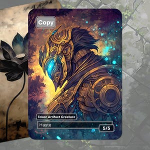 Copia de la ficha de criatura artefacto 5/5 con prisa MTG (de Saheeli, Creadora Radiante)