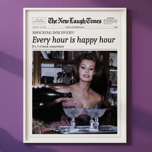 毎時間ハッピーアワー、トレンディな新聞プリント、ニューヨークタイムズのウォールアート、ソフィア・ローレンのプリント、ヴィンテージのバーカート、女の子の寮の部屋レトロ
