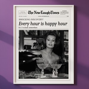毎時間ハッピーアワー、トレンディな新聞プリント、ニューヨークタイムズのウォールアート、ソフィア・ローレンのプリント、ヴィンテージのバーカート、女の子の寮の部屋レトロ
