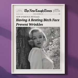 休憩中のビッチの顔、トレンディな新聞のプリント、ニューヨークタイムズの壁アート、マリリンモンローのプリント、ヴィンテージバーカート、女の子の寮の部屋レトロ、印刷可能
