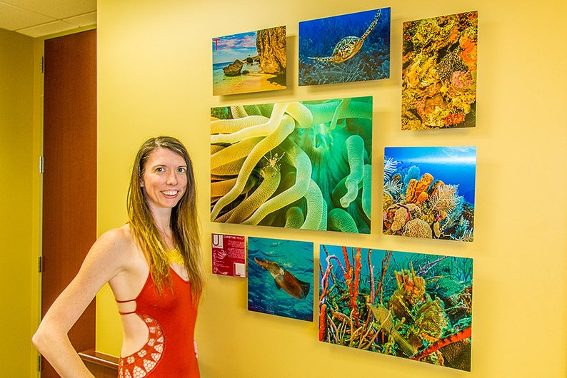 Nautical Beach Decor Original Underwater Photography Spotted Moray Eel shows off her Lucious Coral Garden Nature Ocean Metal Wall Art
