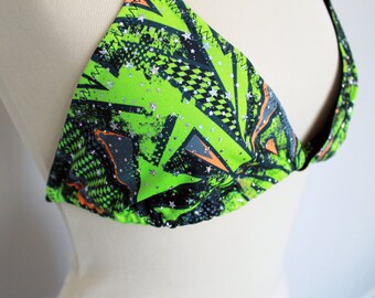 Bright yellow and black abstract tie bikini top - One Size Fits most  - Kezbirdie