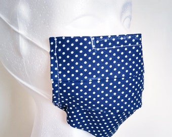 Navy blue and White Small Polka Dot Cotton Reusable surgical styled mask, hand/machine washable, adjustable - READY TO SHIP -  Kezbirdie
