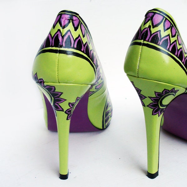 Hand Painted Heels - Modern Henna Lime green court shoes - UK5/ US7.5/ EU38 - Kezbirdie