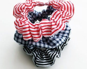 Black & Red Stripes and Navy Gingham Print Scrunchie Set - Boho, punk, Goth, Bun Holder Scrunchie Ponytail Tie  - Kezbirdie