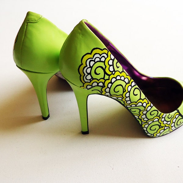 Hand painted heels - Lemon and Lime Twist  green court shoes- UK 6/ US 8.5/ EU 39  - Kezbirdie