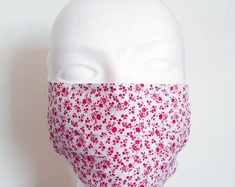 Red Flowers on White Cotton Fabric Reusable surgical styled mask, hand/machine washable, adjustable - READY TO SHIP -  Kezbirdie