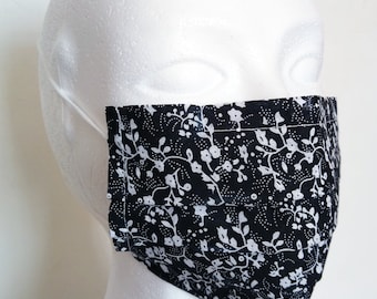 White Flowers on Black Cotton Fabric Reusable surgical styled mask, hand/machine washable, adjustable - READY TO SHIP -  Kezbirdie