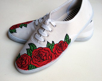 Hand painted Pumps/ Sneakers -  Red Roses - UK 7/ US 9.5/ EU 40- Kezbirdie