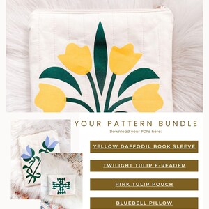 Floral Quilt Pattern Bundle PDF, Thoughtful Handmade Gifts, Pillow Cover Book Sleeve Pouch and E Reader Patterns, Mother's Day Gift