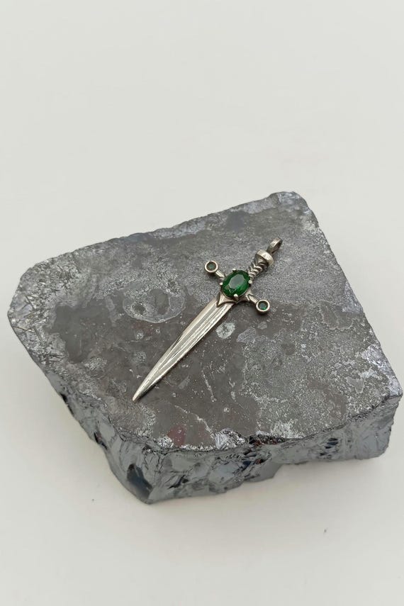 Sterling Silver Emerald Sword Pendant - Handmade Unisex Necklace
