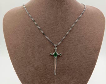 Sterling Silver Emerald Sword Pendant - Handmade Unisex Necklace