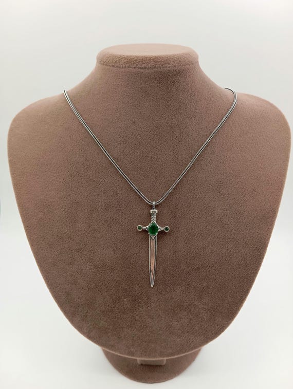 Sterling Silver Emerald Sword Pendant - Handmade Unisex Necklace