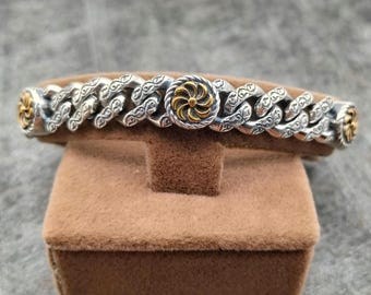 Men’s Silver Chain Bracelet, Oxidized Chunky Link Bracelet with Gold Accents, Handmade Gothic Viking Style Jewelry for Him, Christmas Gift