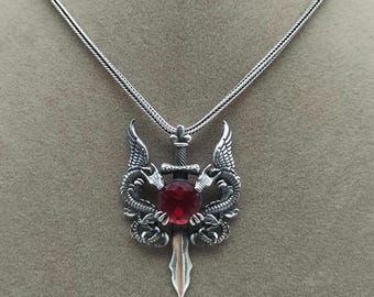 Sterling Silver Sword Pendant: Double Dragon, Red Stone Necklace
