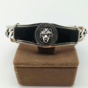 925 Sterling Silver Men&#39;s Bracelet With Lion Pattern And Black Stone, Handmade Silver Chain Bracelet, Handmade Silver Bracelet