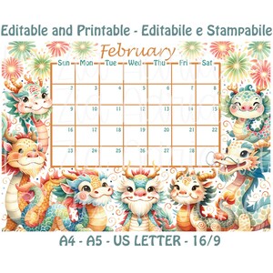 Calendario Febbraio 2025 - Stampabile ed Editabile - Cute Cartoon Nuovo Anno  Dragone Cinese - Calendario Italiano e Inglese Febbraio 25
