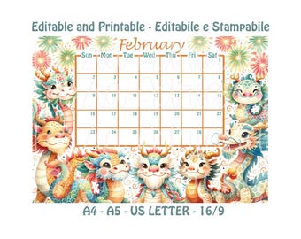 Calendar February 2025 - Editable and Printable - Cute Cartoon Chinese Dragon - English and Italian - February 2025 Calendar.