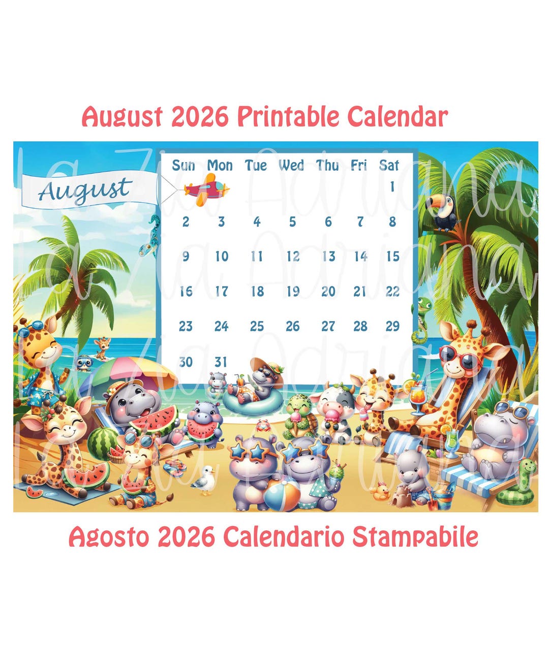 Calendar August 2026 - Printable - Cute Summer Giraffe and Hippo ...