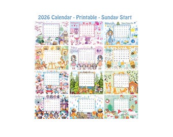 Calendar 2026 - Printable - January Start - Sunday Start - Cute Funny Cartoon Images - Summer Spring Autumn Winter - Festivity Calendar