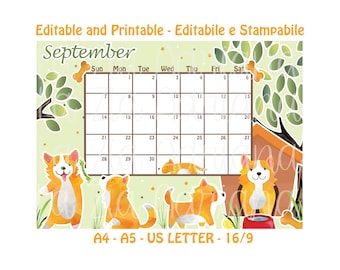 Calendar September 2025 - Editable and Printable - Cute Cartoon Corgi Dog - English and Italian September 2025 Calendar