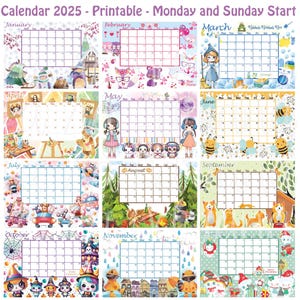 Calendario 2025 - Stampabile - Inizio Lunedì e Domenica - Cute Cartoon Immagini - Estate Primavera Autunno Inverno - Festività