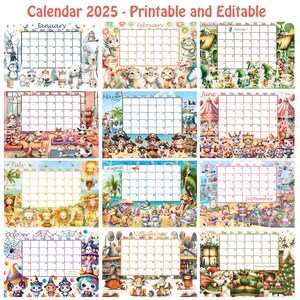Calendario 2025 - Stampabile ed Editabile - Inizio Lunedì e Domenica - Cute Cartoon Immagini - Estate Primavera Autunno Inverno - Festività