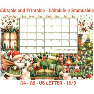 Calendario Dicembre 2025 - Editable and Printable - Cute Cartoon Babbo Natale - Calendario Italiano e Inglese Dicembre 25