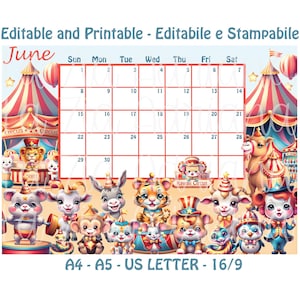 Calendario Giugno 2025 - Stampabile ed Editabile - Cute Cartoon Circo - Calendario Italiano e Inglese 25