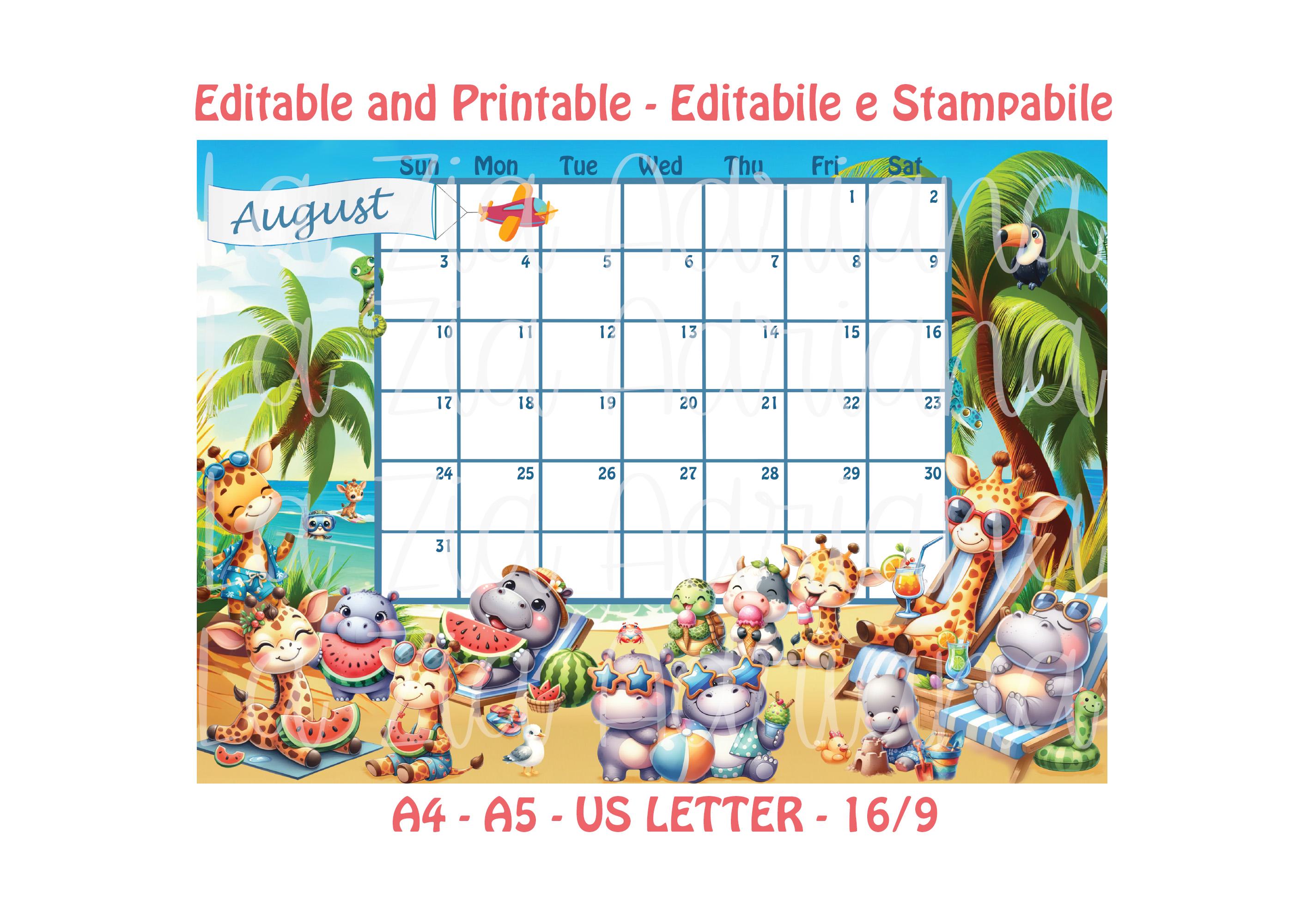 Calendar August 2025 - Editable and Printable - Cute Summer Giraffe and Hippo English and Italian August 2025 Calendar