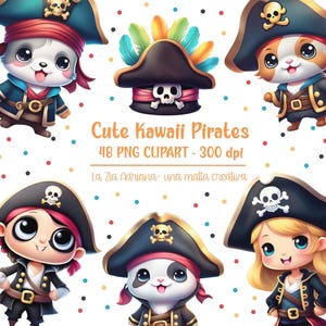 Pirati Clipart - Cute Kawaii  - PNG Files - Clipart Acquerello - Nave - Scimmia- Leopardo - Topo - Coccodrillo - Scheletro - Tesoro