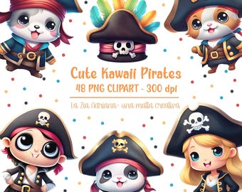 Cute Kawaii Pirates Clipart - Cute Kawaii Clipart - PNG Files - Watercolor Clipart - Ship - Monkey - Leopard - Mouse - Crocodile - Treasure