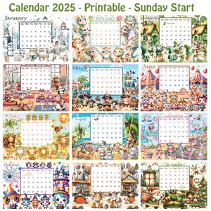 Calendario 2025 - Stampabile - Inizio Domenica - Cute Cartoon Immagini - Calendario Estate Autunno Primavera Estate - Festività