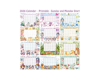 2026 Calendar - Printable - January Start - Monday Start - Cute Funny Cartoon Images - Summer Spring Autumn Winter - Festivity Calendar