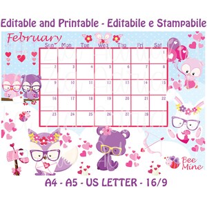 Calendario Febbraio 2025 - Stampabile ed Editabile - Cute San Valentino - Calendario Italiano e Inglese Febbraio 25