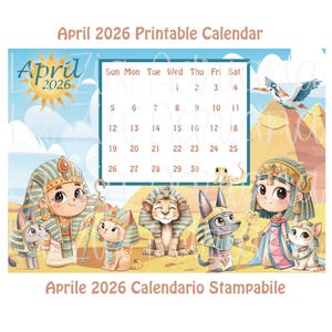 Calendar April 2026 - Printable - Cute Cartoon Egypt - English and Italian April 2026 Calendar - Cleopatra Pharaoh Sphinx Anubi Cat