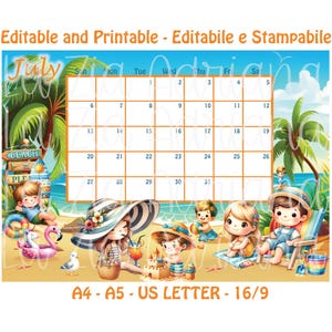 Calendario Luglio 2025 - Stampabile ed Editabile - Cute Summer Beach Cartoon - Calendario Luglio 25 Italiano e Inglese